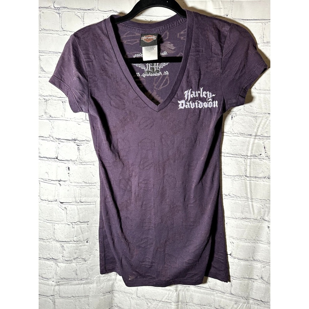 Harley-Davidson Womens Purple V-Neck T-Shirt Jim's St Petersburg FL Logo Small